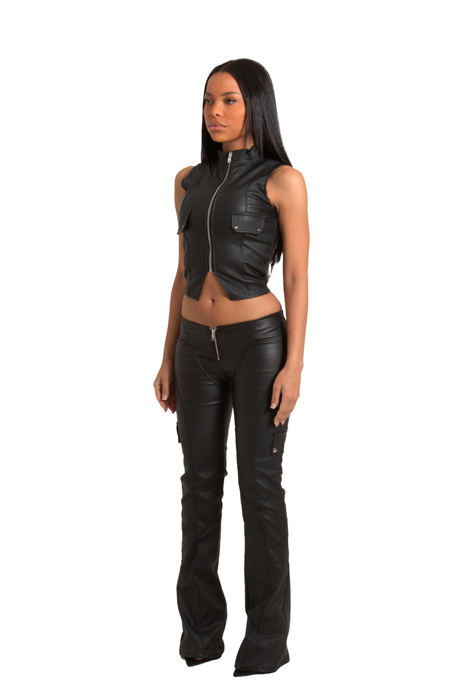 PRE-ORDER BLACK WET LOOK VEST BIKER CO-ORD