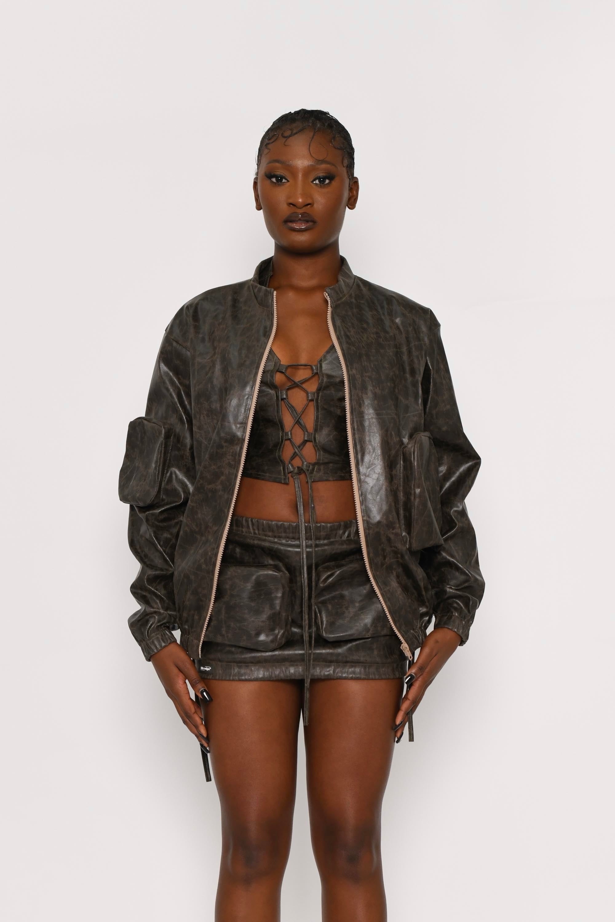 BROWN VINTAGE LOOK FAUX LEATHER OVERSIZED BOMBER JACKET – blu reign