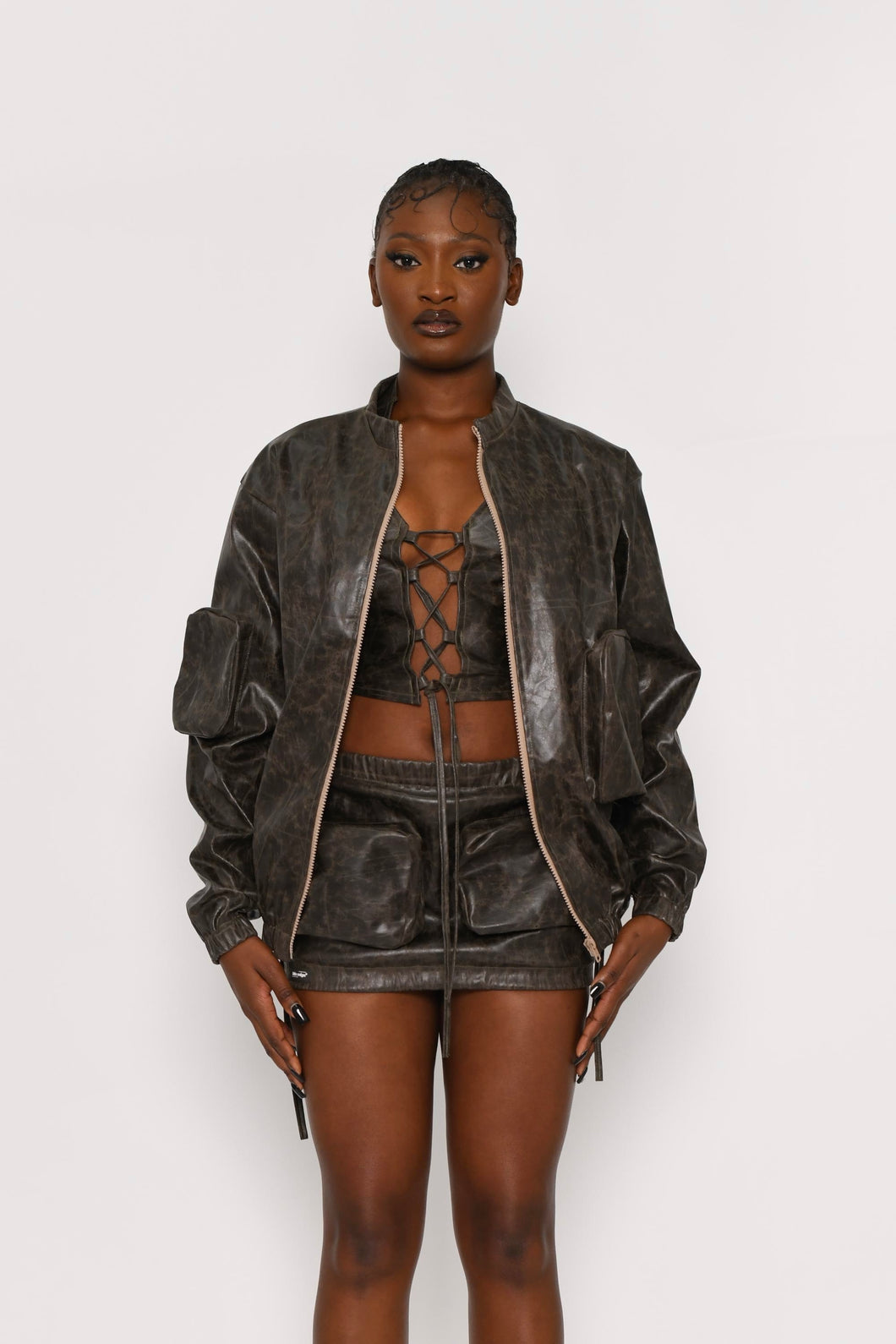 BROWN VINTAGE LOOK FAUX LEATHER OVERSIZED BOMBER JACKET