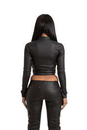 BLACK WET LOOK FITTED DOUBLE STRAP JACKET