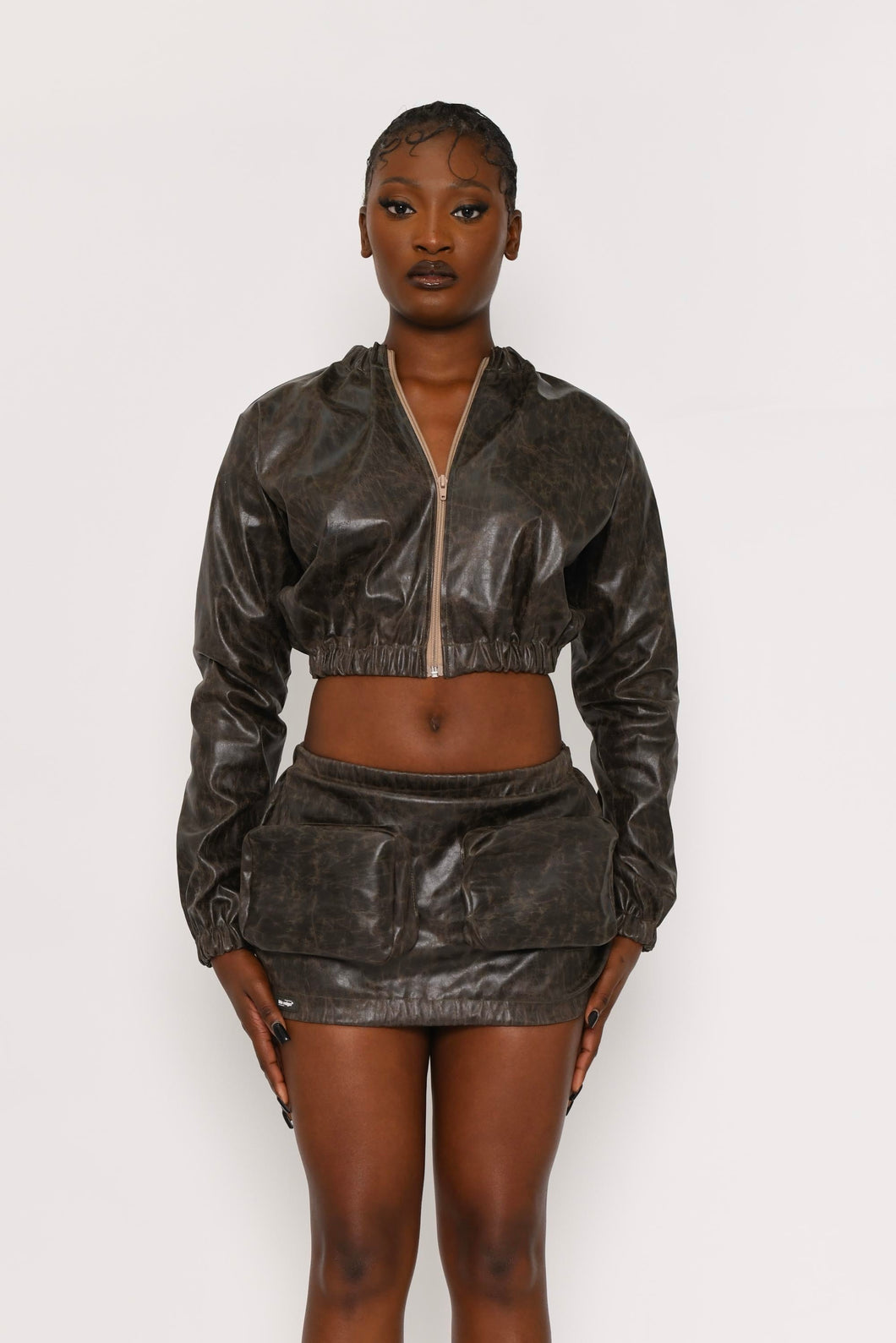 BROWN VINTAGE LOOK FAUX LEATHER CROPPED BOMBER JACKET