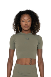 KHAKI SLINKY S/SLEEVE CROP TOP