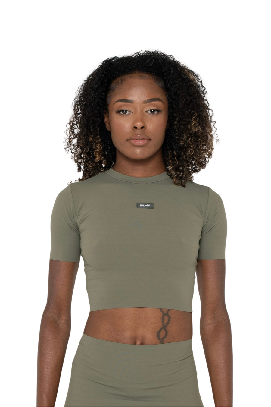 KHAKI SLINKY S/SLEEVE CROP TOP