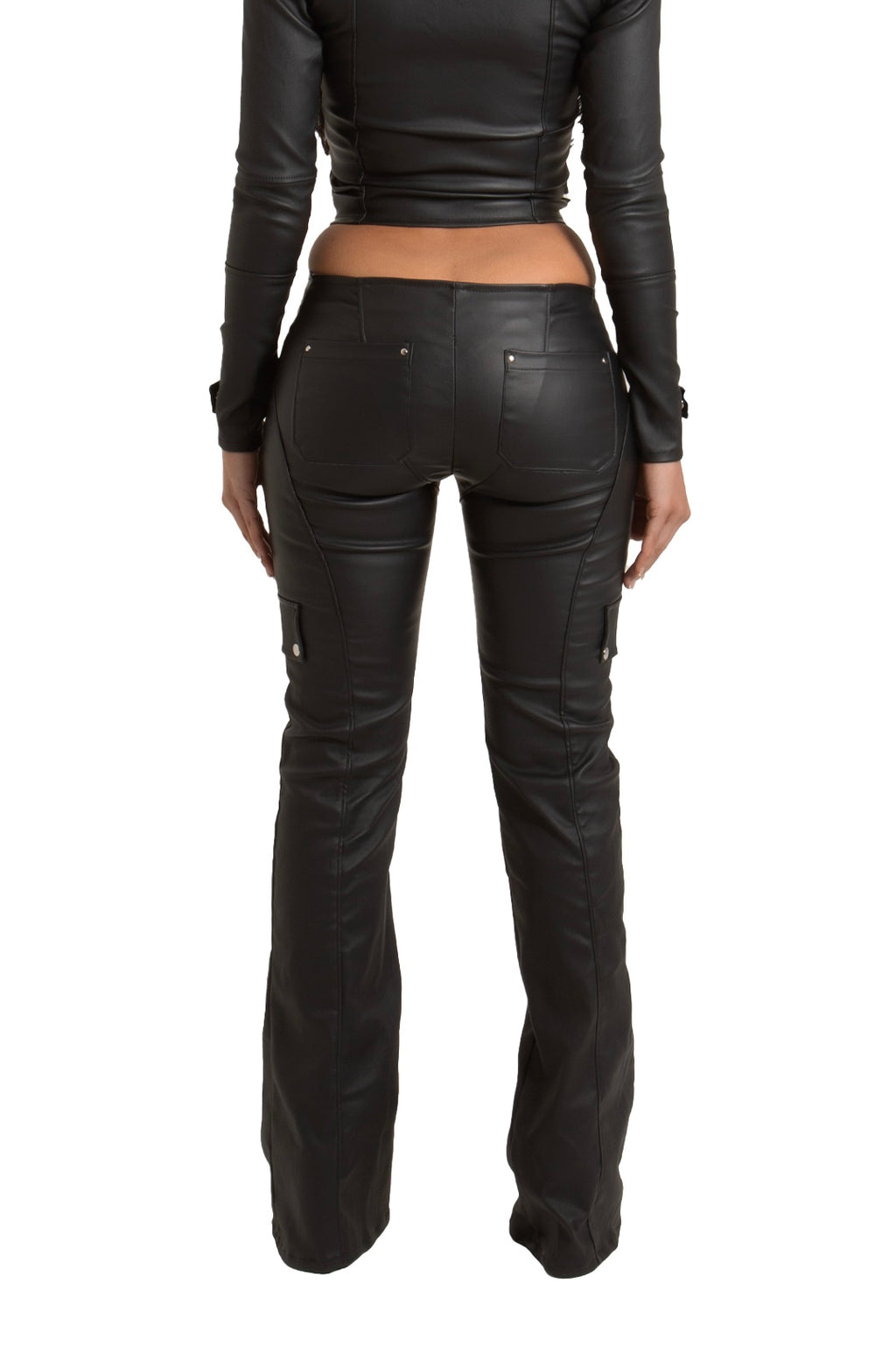 PRE-ORDER BLACK WET LOOK LOW RISE PANEL TROUSERS