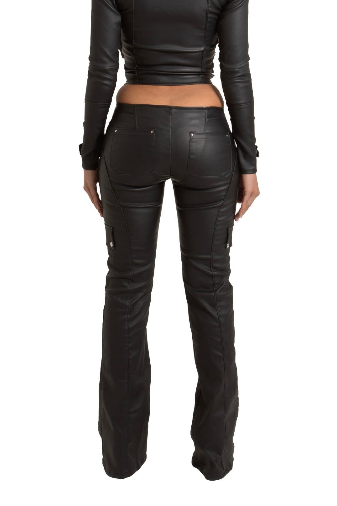 PRE-ORDER BLACK WET LOOK LOW RISE PANEL TROUSERS