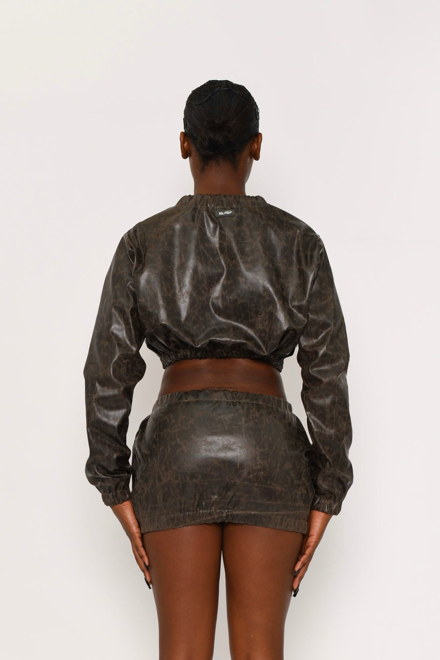 BROWN VINTAGE LOOK FAUX LEATHER CROPPED BOMBER JACKET