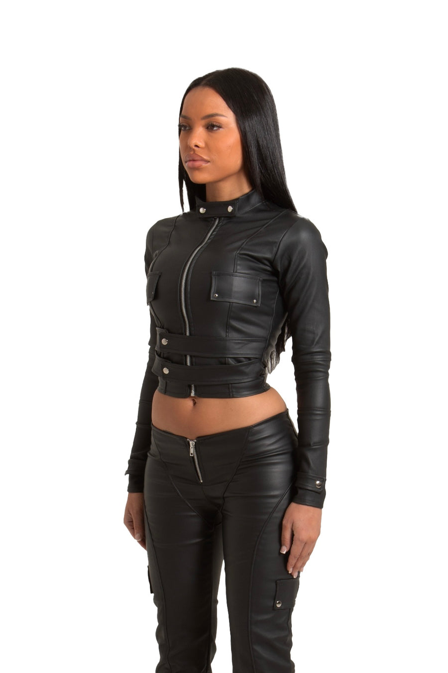 BLACK WET LOOK FITTED DOUBLE STRAP JACKET