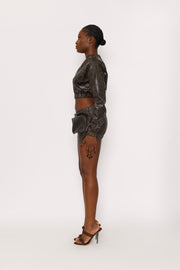 BROWN VINTAGE LOOK FAUX LEATHER CROPPED BOMBER & SKIRT SET