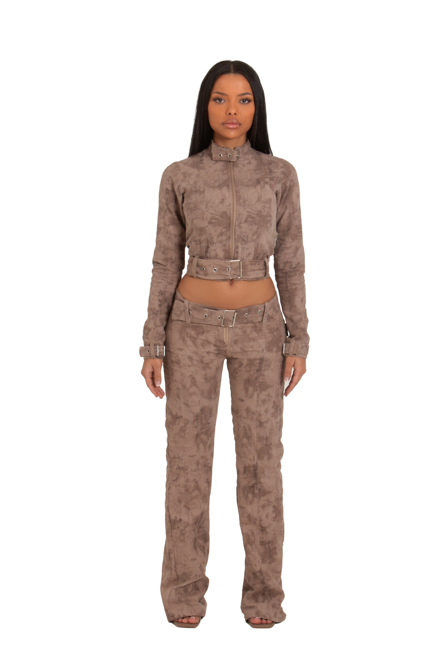 DISTRESSED DENIM LONG SLEEVE BUCKLE CO-ORD