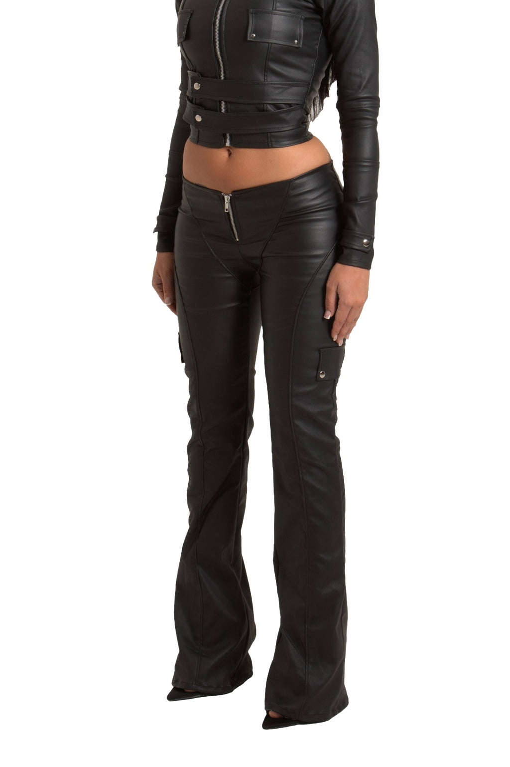 PRE-ORDER BLACK WET LOOK LOW RISE PANEL TROUSERS