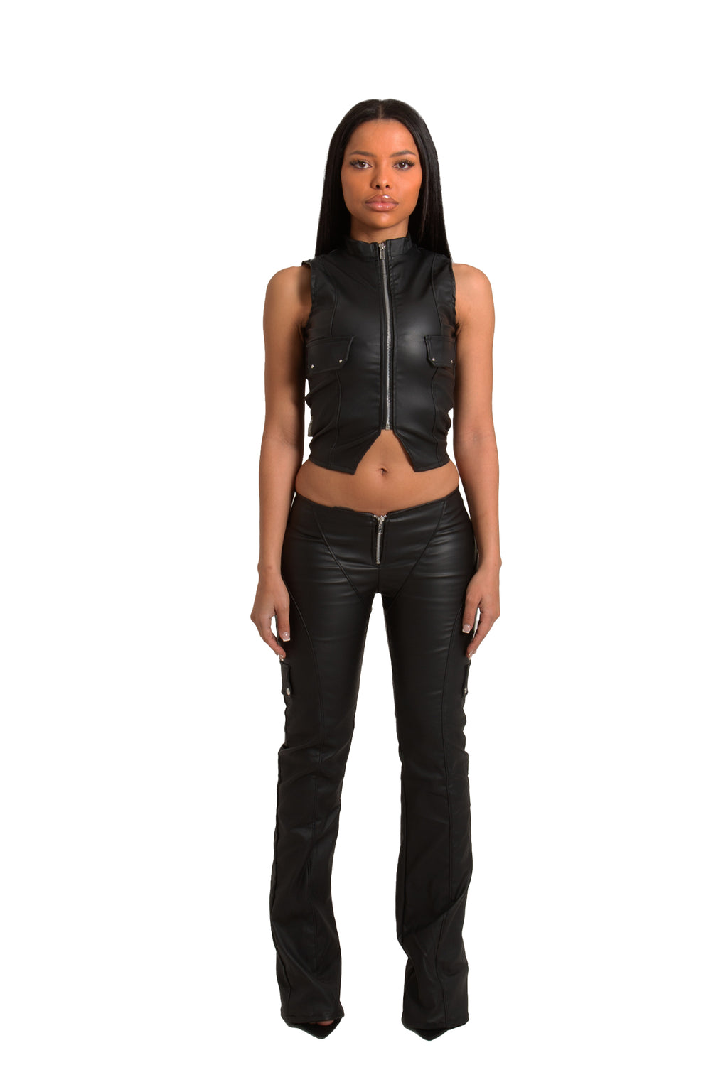 PRE-ORDER BLACK WET LOOK VEST BIKER CO-ORD