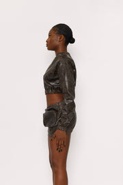 BROWN VINTAGE LOOK FAUX LEATHER CROPPED BOMBER JACKET