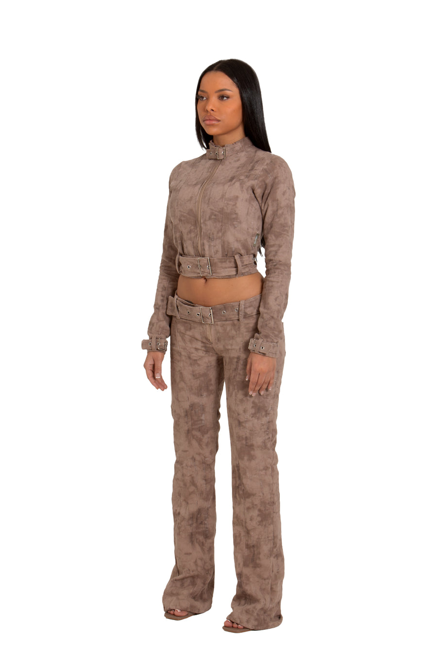 DISTRESSED DENIM LONG SLEEVE BUCKLE CO-ORD