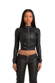 BLACK WET LOOK FITTED DOUBLE STRAP JACKET