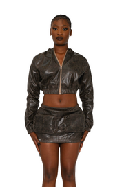 BROWN VINTAGE LOOK FAUX LEATHER CROPPED BOMBER JACKET