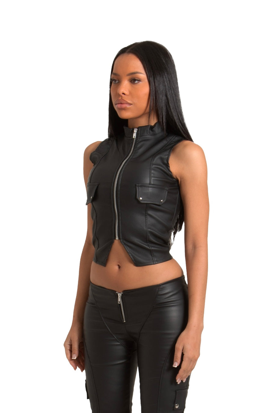 BLACK WET LOOK ZIP UP VEST TOP