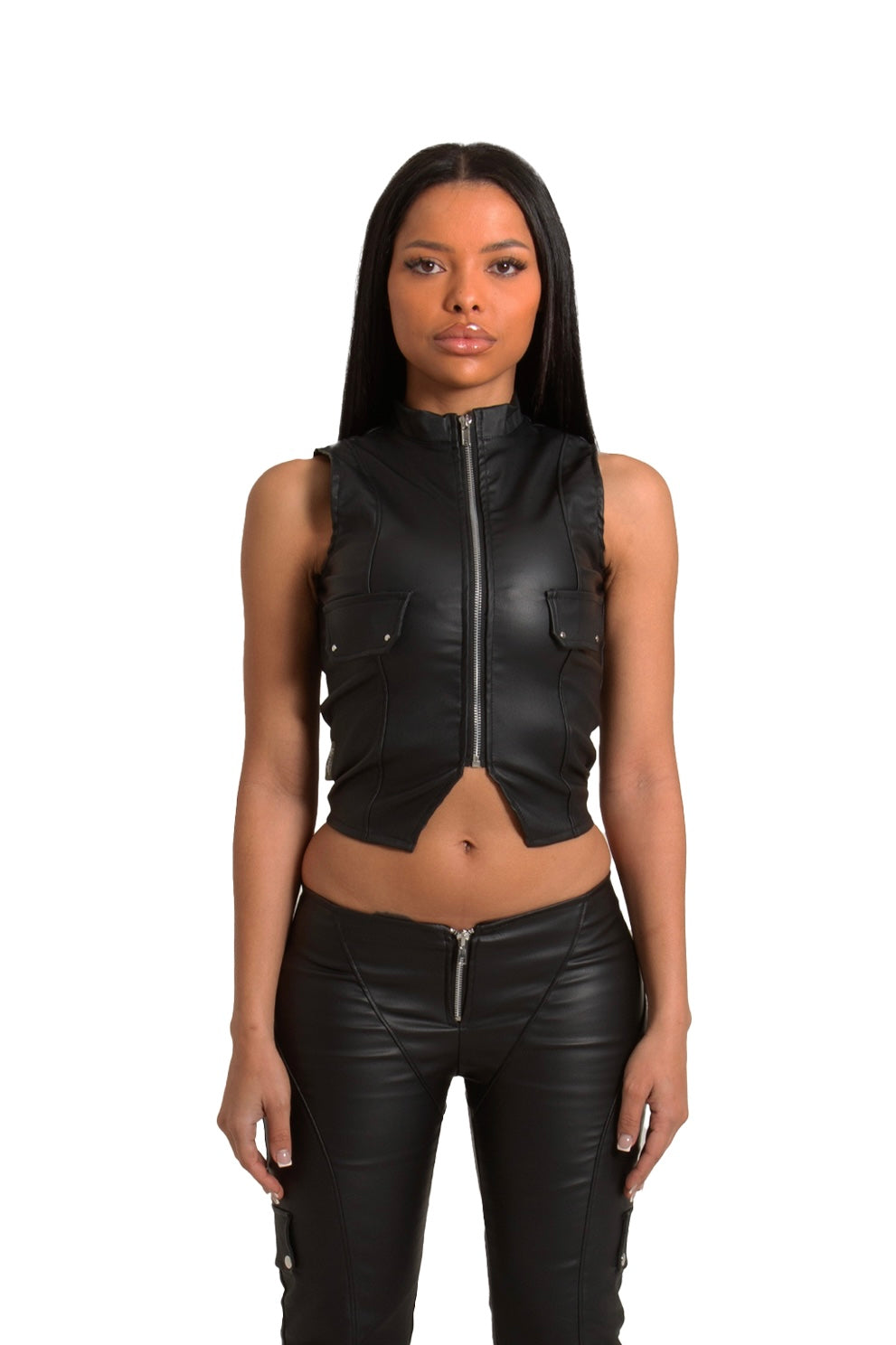 PRE-ORDER BLACK WET LOOK ZIP UP VEST TOP