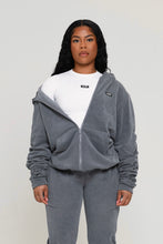 Load image into Gallery viewer, CHARCOAL STACKED SLEEVE ZIP UP HOODIE
