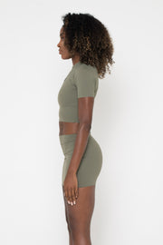 KHAKI SLINKY S/SLEEVE CROP TOP