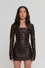 Load image into Gallery viewer, BROWN MARBLED FAUX LEATHER EXTREME CROP JACKET
